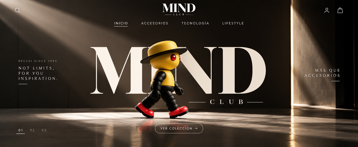 Banner MIND CLUB con logo blanco en la parte superior y personaje central